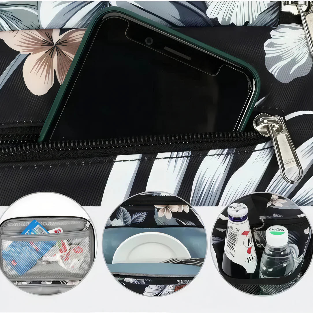 Sac à bandoulière isotherme 10L avec motif floral noir et multiples compartiments