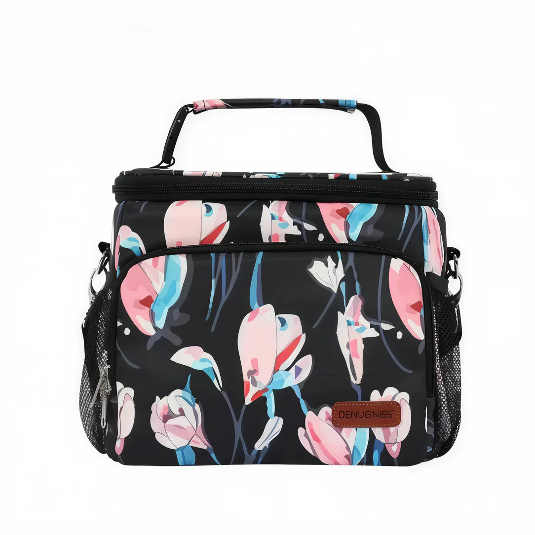 Sac à bandoulière isotherme 10L, sac lunch noir floral rose, bleu, blanc avec poignée