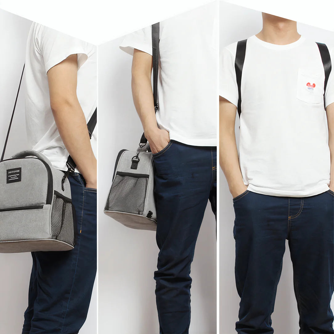 Sac à bandoulière isotherme 5L gris avec plusieurs options de transport pour animaux