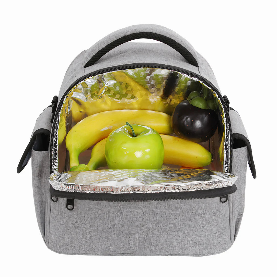 Sac à bandoulière isotherme 5L gris avec sac de déjeuner isolé rempli de fruits