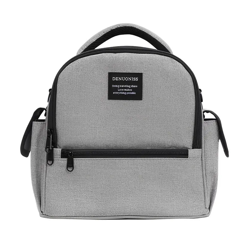 Sac à dos isotherme 10 litres en tissu gris clair avec zippers et poignée noires
