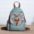 Sac à bandoulière vintage en denim teal avec motif chouette en macramé et accents paisley