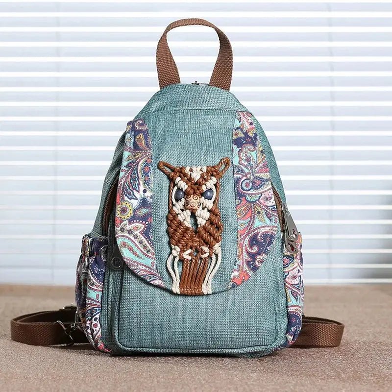 Sac à bandoulière vintage en denim teal avec motif chouette en macramé et accents paisley