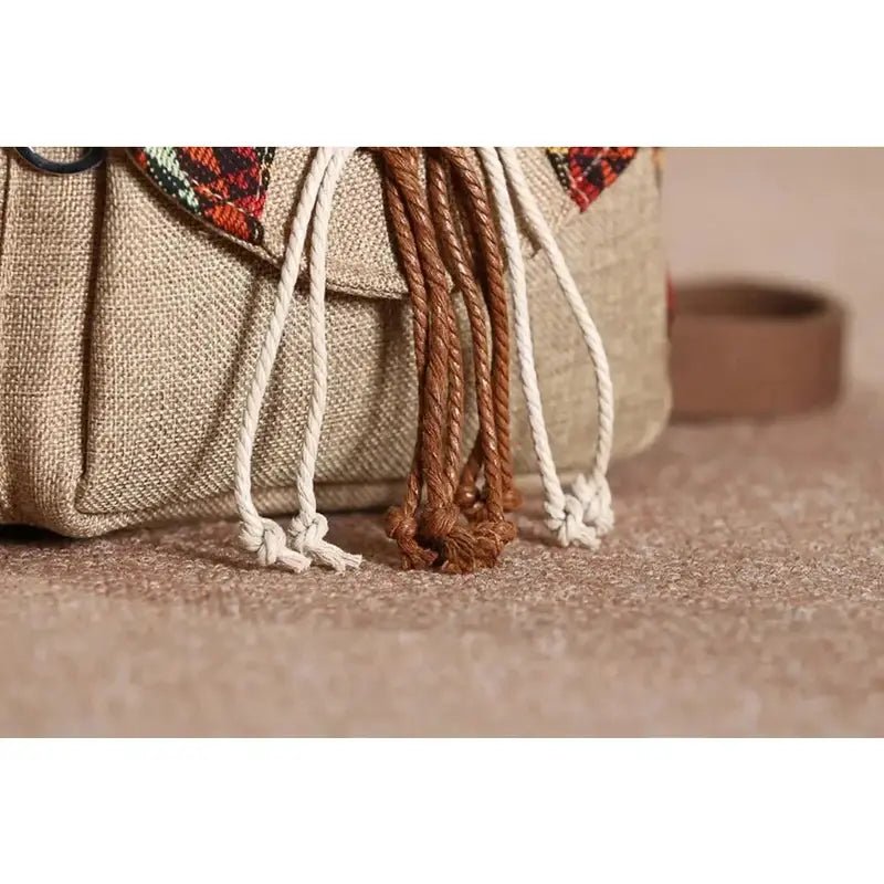 Pochette en tissu beige avec garniture décorative et cordon de serrage pour Sac à bandoulière vintage