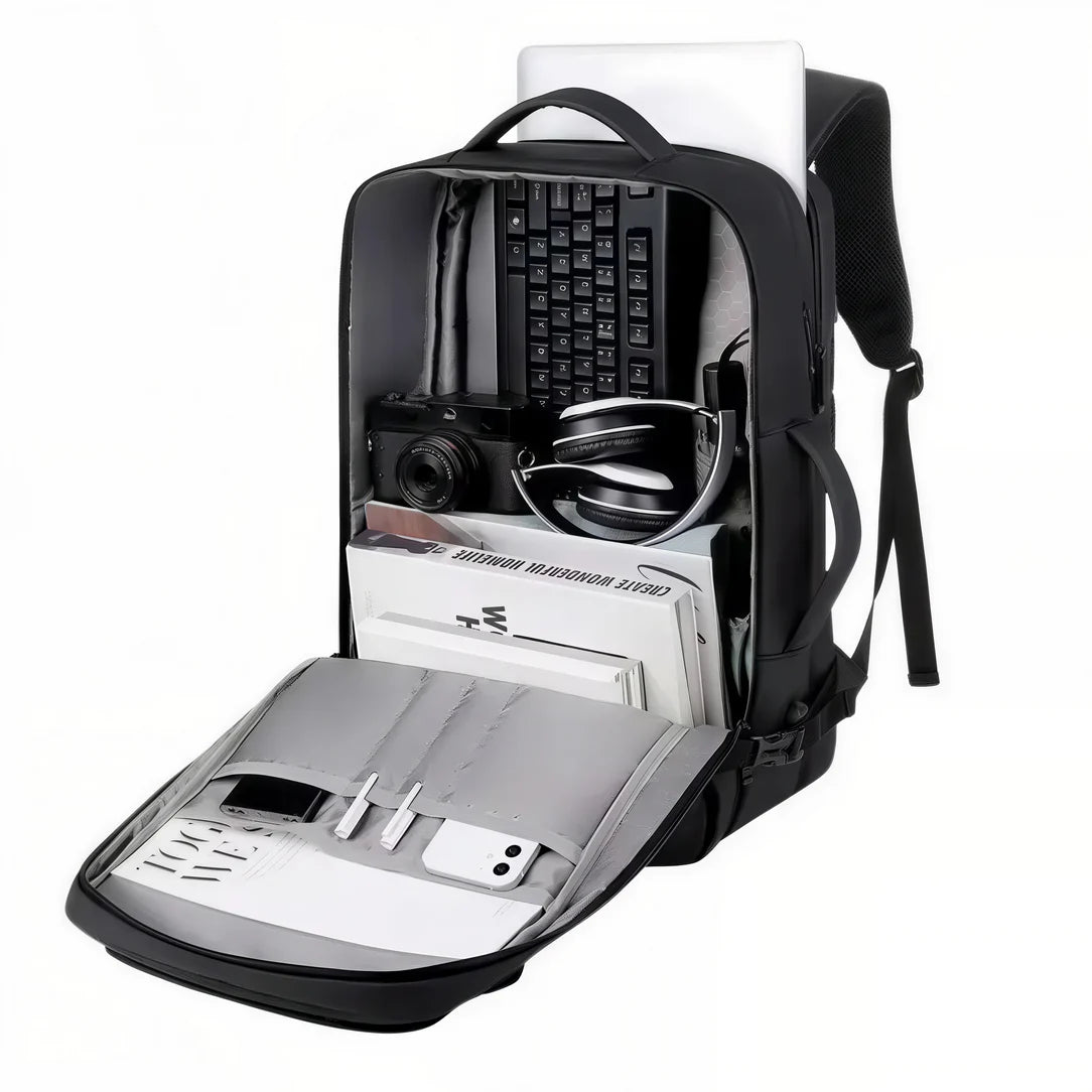 Sac à dos 17 pouces avec compartiment PC noir contenant ordinateur, appareil photo et accessoires