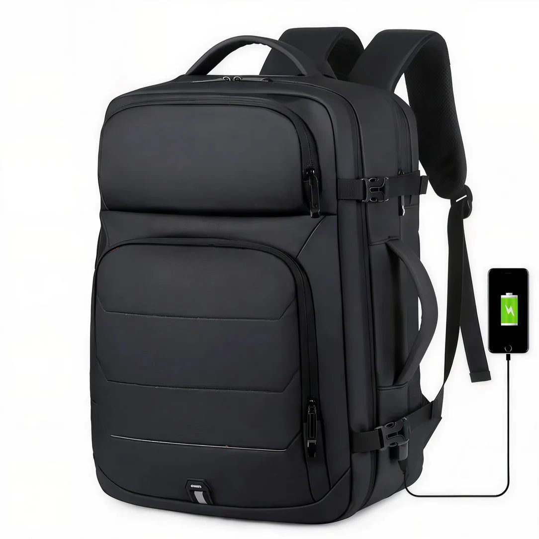 Sac à dos de voyage noir avec plusieurs compartiments et port de chargement USB intégré