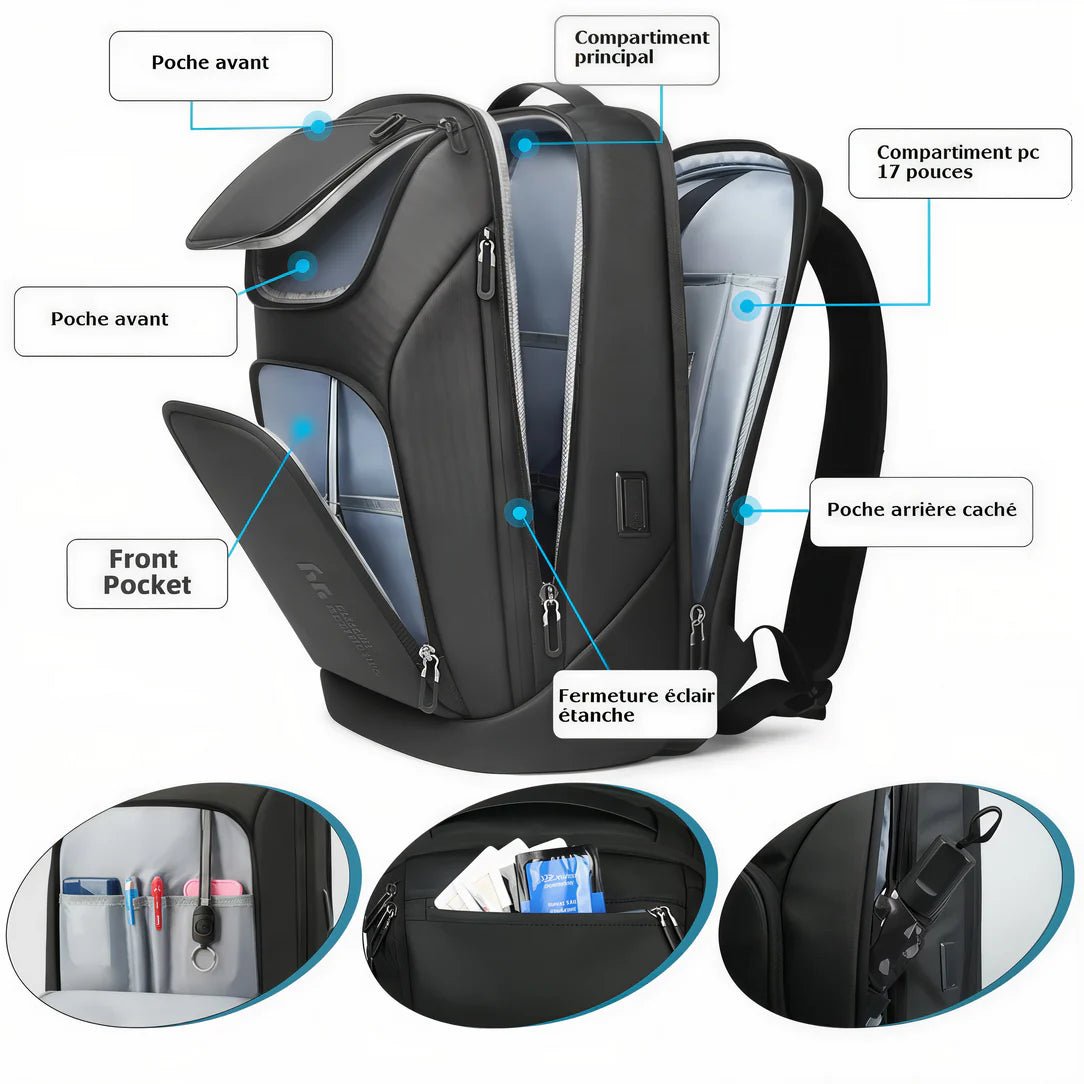 Sac à dos 17 pouces multi-rangements SafePort avec compartiments, poche cachée et zippers étanches