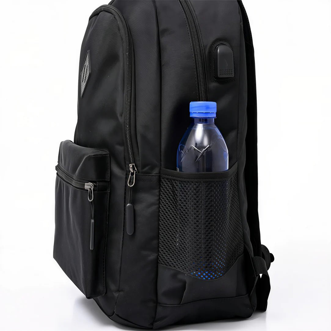 Sac à dos 2 compartiments collège noir avec plusieurs poches zippées et poche en mesh pour bouteille d’eau