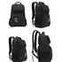Quatre vues d’un sac à dos noir sportif avec compartiments et bandes réfléchissantes