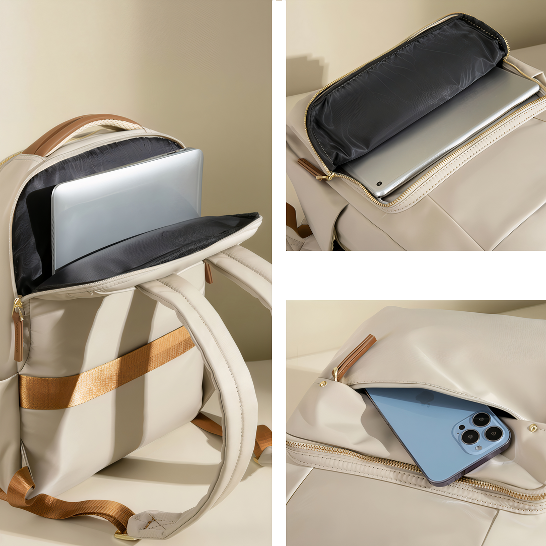 Sac à dos Amber beige avec poche laptop, porte téléphone et accents dorés