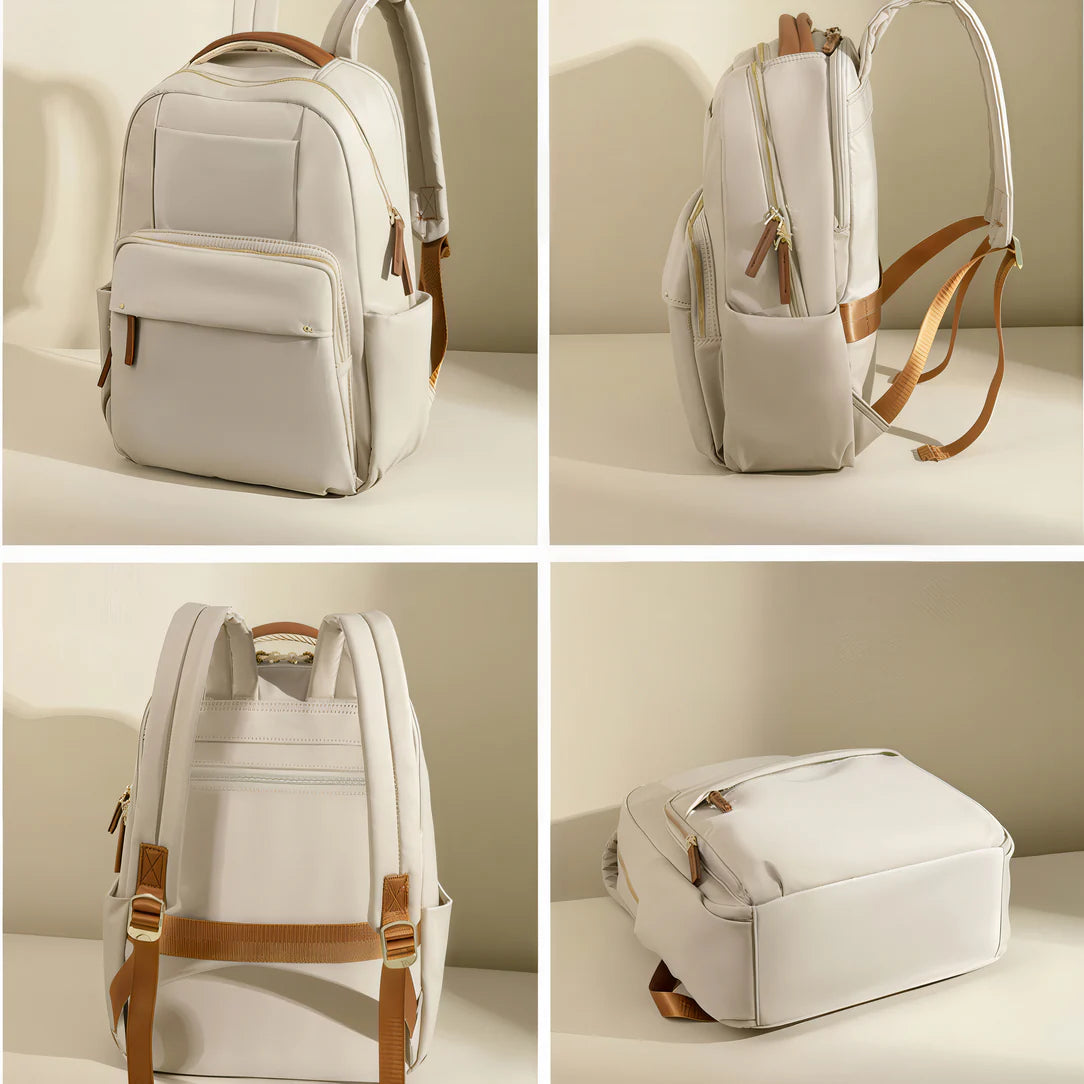 Sac à dos Amber en cuir blanc avec accents marron et bretelles ajustables