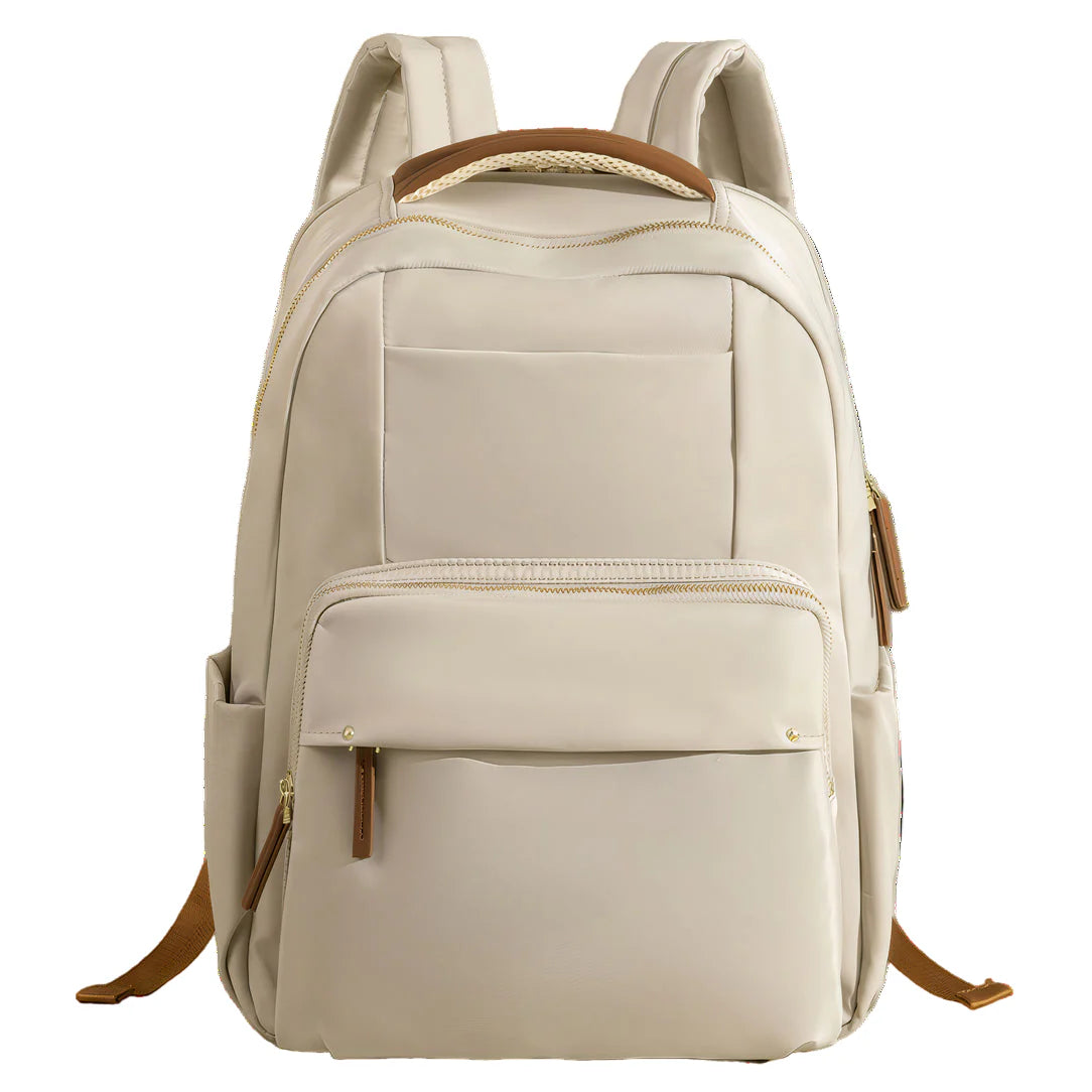 Sac à dos Amber beige avec accents en cuir marron et zippers dorés