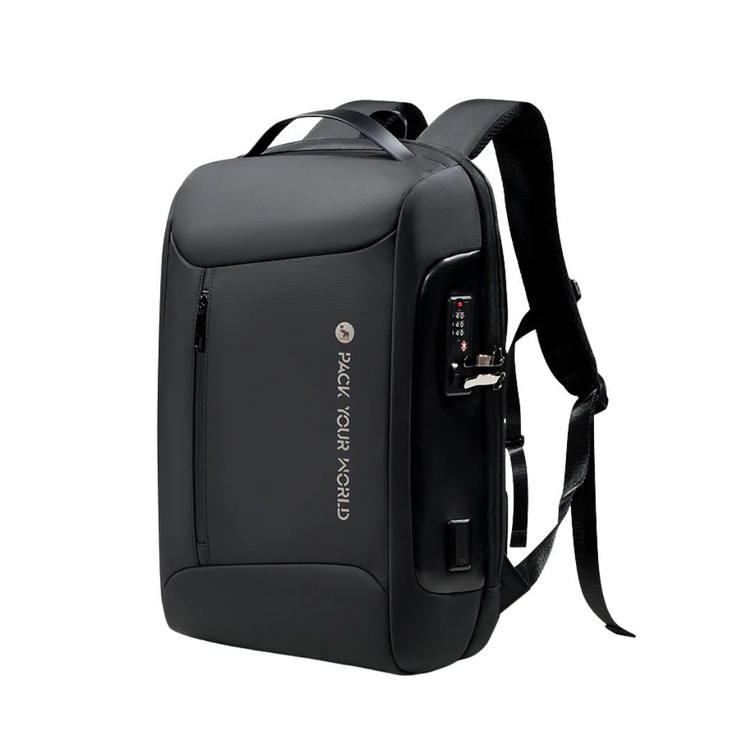 Sac à dos antivol noir avec port de charge USB externe et serrure à combinaison