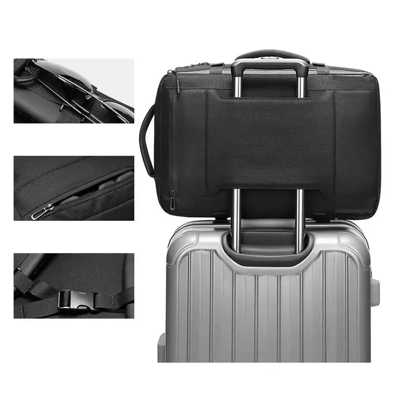 Sac à dos avion cabine noir avec compartiments, sangle de bagage et bretelles ajustables