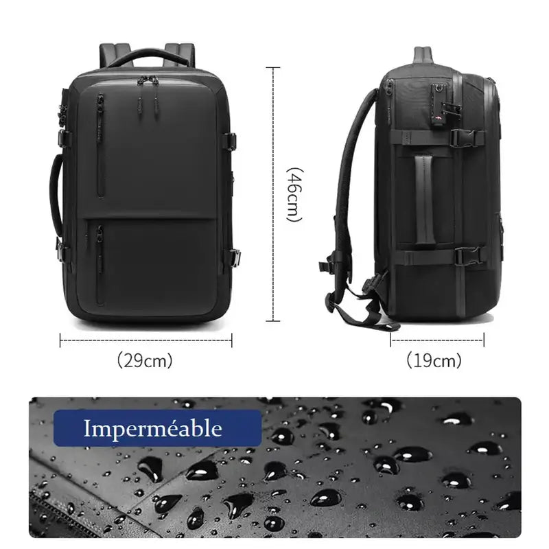 Sac à dos avion cabine étanche noir avec multiples compartiments et options de transport