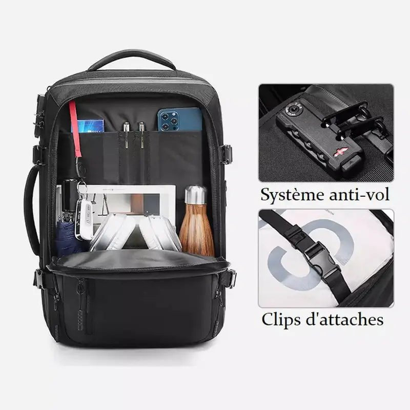 Sac à dos avion cabine noir avec compartiments anti-vol et clips d’attache