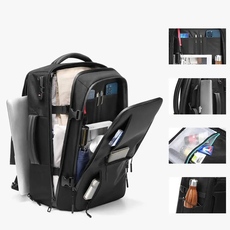 Sac à dos avion cabine noir avec plusieurs compartiments et pochette pour ordinateur portable