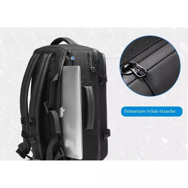 Sac à dos avion cabine noir avec compartiment dédié pour ordinateur portable et fermeture waterproof
