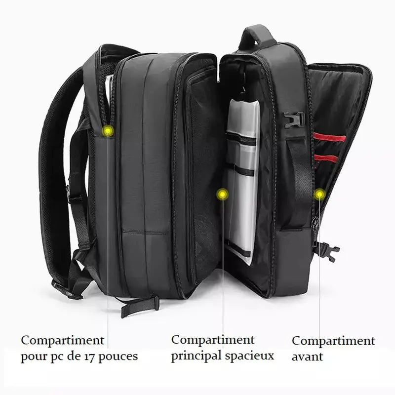 Sac à dos bagage cabine noir avec plusieurs compartiments pour ordinateur et rangement spacieux