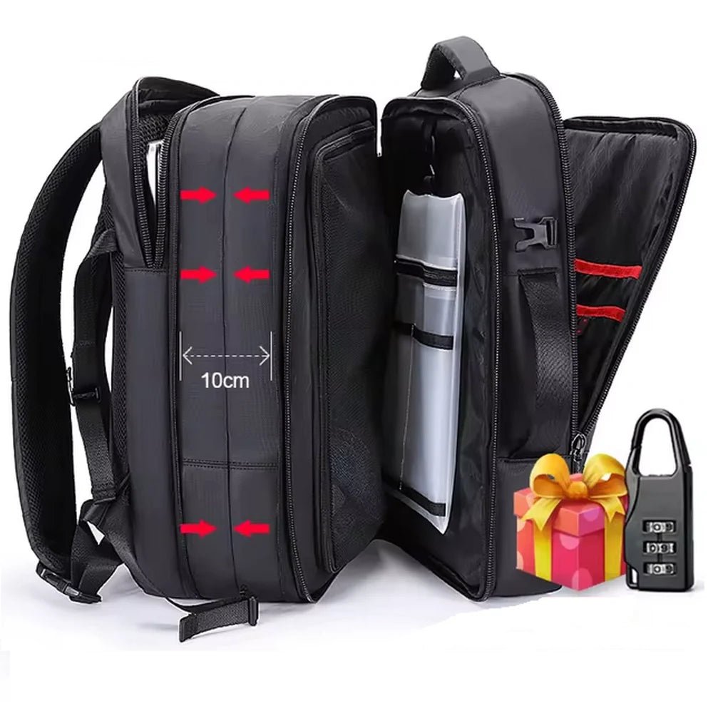 Sac à dos bagage cabine noir extensible avec multiples compartiments et serrure à combinaison