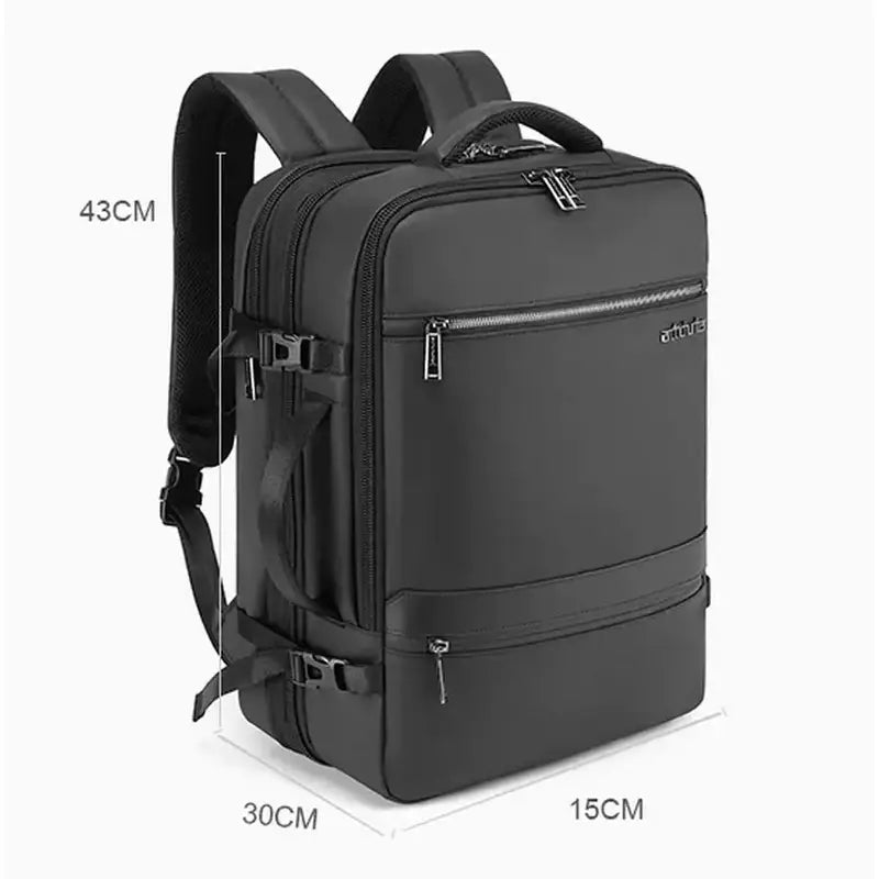 Sac à dos bagage cabine noir rectangulaire avec plusieurs compartiments et bretelles ajustables