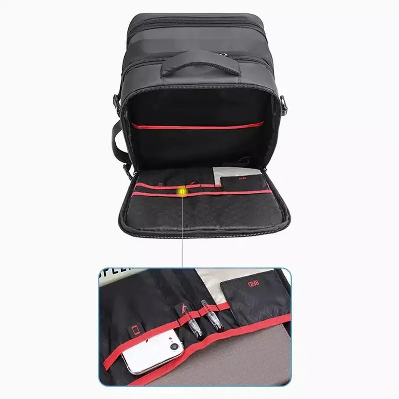 Sac à dos bagage cabine gris foncé avec compartiments et poches internes rouges