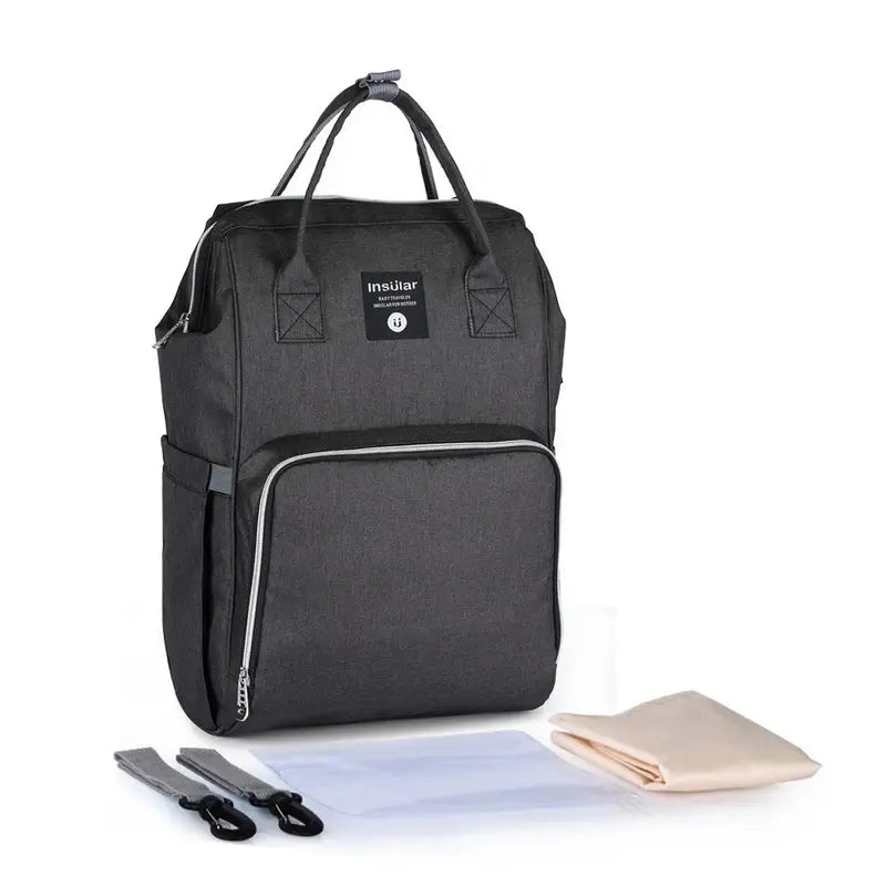 Sac à dos bébé à langer gris foncé avec plusieurs compartiments et accessoires