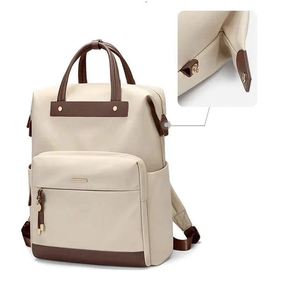 Sac à dos beige femme deux tons crème et marron avec poignées et poche frontale