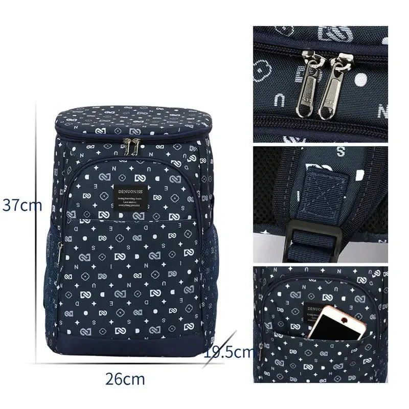 Sac à dos isotherme repas bleu foncé avec motif géométrique blanc et multiples poches