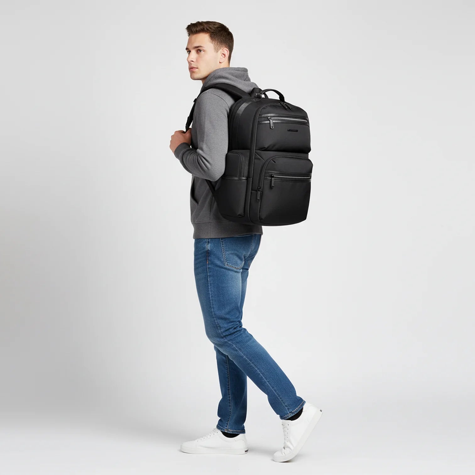 Sac à dos bureau homme Xpac noir nylon avec compartiments et fermetures silver