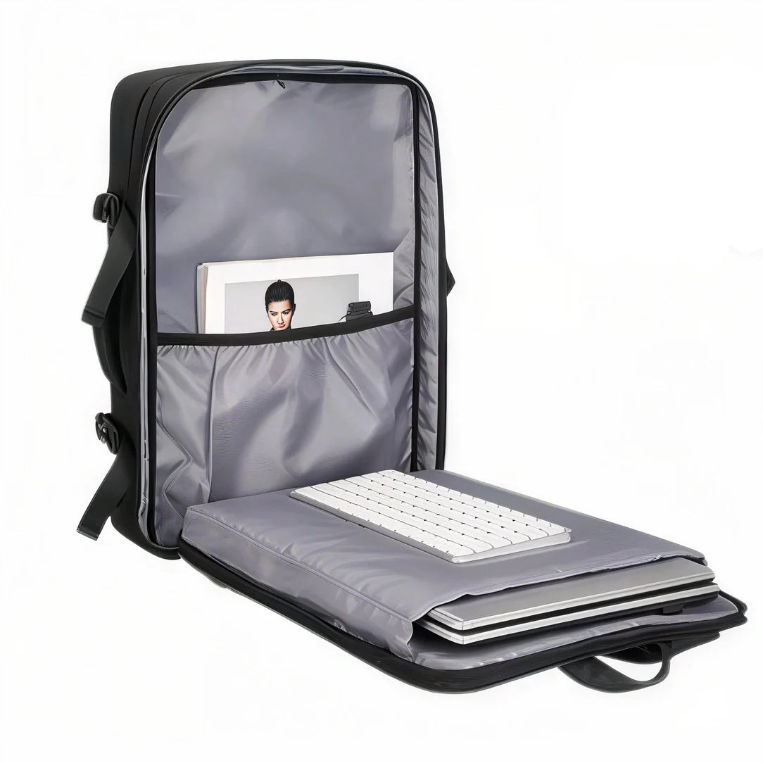 Sac à dos cabine avion noir 55x35x25 avec intérieur gris et compartiments