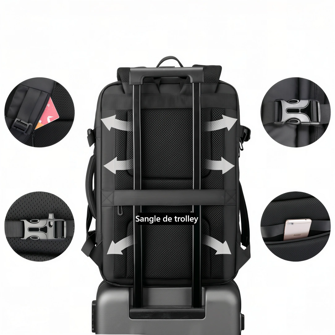 Sac à dos cabine avion noir 55x35x25 avec sangles réglables et poches maillées