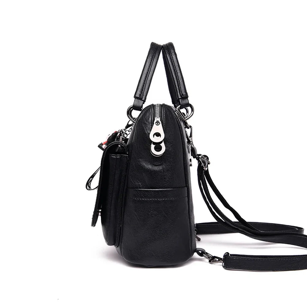 Sac à dos carré cuir noir en cuir avec poignées supérieures et bandoulière ajustable