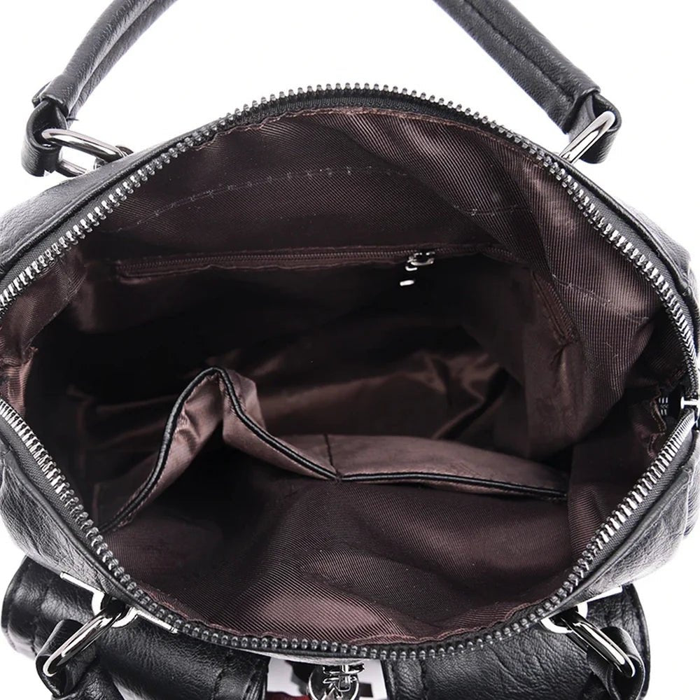Sac à dos carré cuir ouvert en cuir noir avec fermeture éclair et poche interne