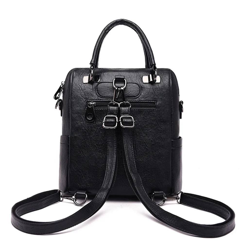 Sac à dos carré cuir en cuir noir convertible avec poignée et bretelles réglables