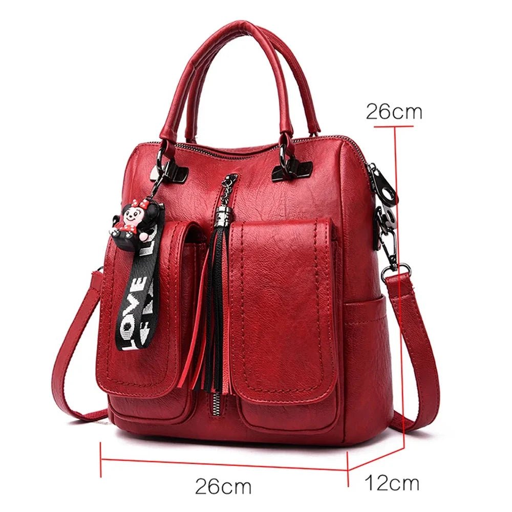 Sac à dos carré cuir rouge en faux cuir convertible avec poches et bandoulière détachable