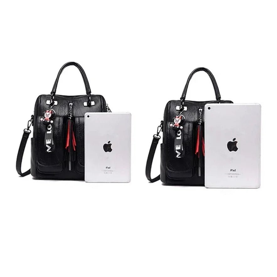 Sac à dos carré cuir en cuir noir avec bandoulière détachable et tassels décoratifs