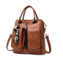 Sac à dos carré cuir marron en faux cuir convertible avec poches et tassel décoratif