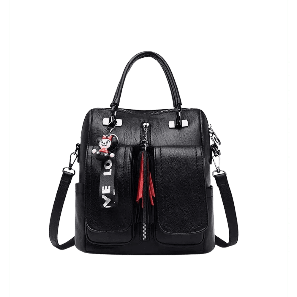 Sac à dos carré cuir en faux cuir noir avec porte-clés Minnie Mouse et franges rouges