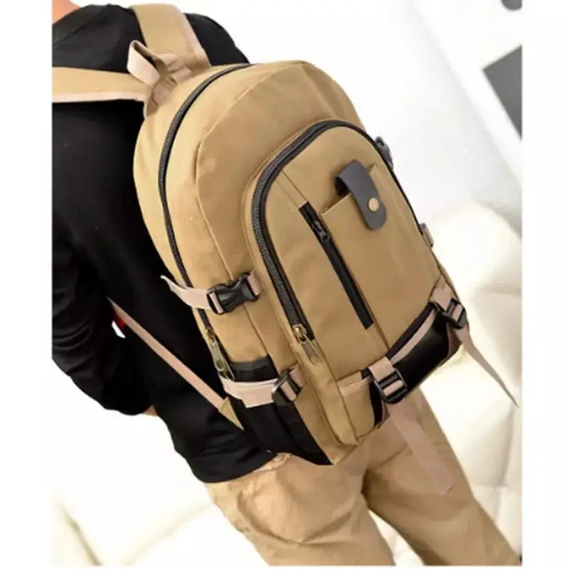 Sac à dos cartable homme en toile en toile de coton beige avec accents noirs et poches multiples