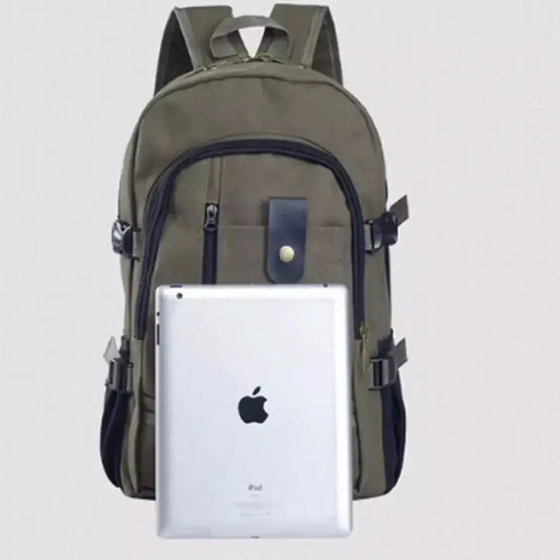 Sac à dos cartable homme en toile olive verte avec accents noirs et poche extérieure