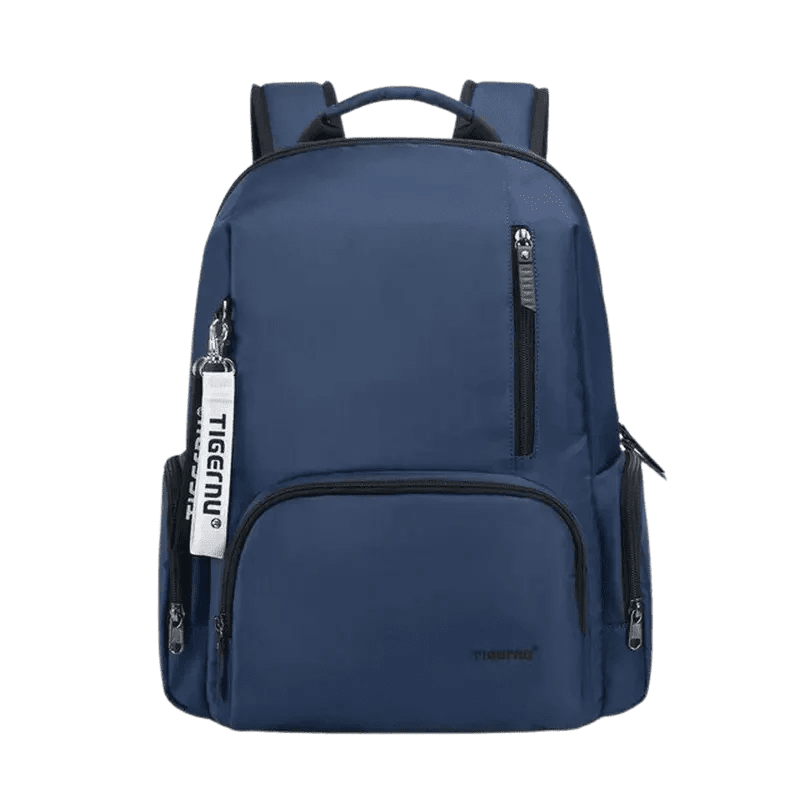 Sac à dos chic en tissu bleu marine avec plusieurs compartiments zippés et poignée supérieure