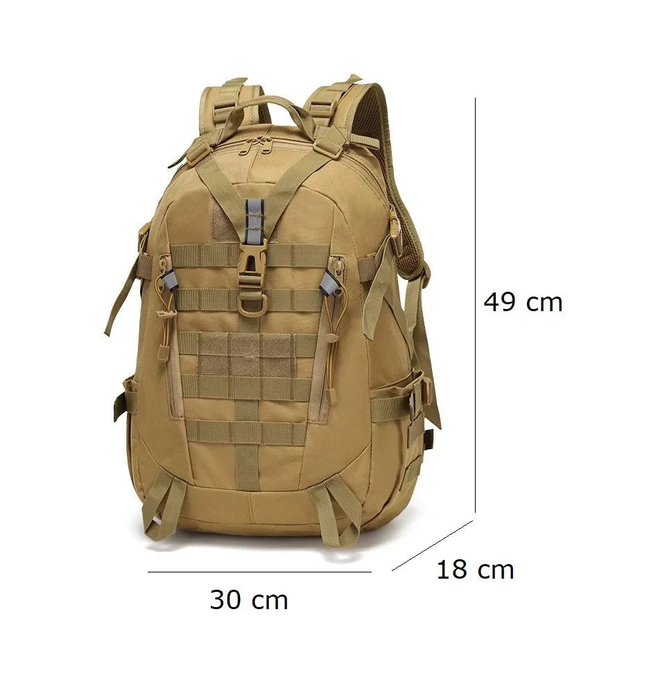 Sac à dos Cityguard 35L tan tactique avec multiples sangles, dimensions 49x30x18 cm
