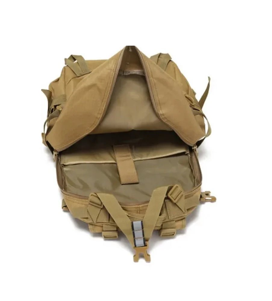 Sac à dos Cityguard 35L tan ouvert avec compartiments et sangles visibles