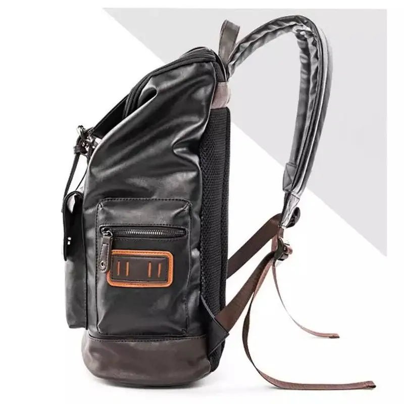 Sac à dos cuir homme décontracté en cuir noir avec accents marron, poches multiples
