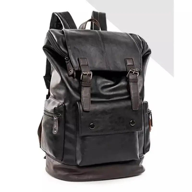 Sac à dos cuir homme décontracté en faux cuir noir avec boucles et multiples poches