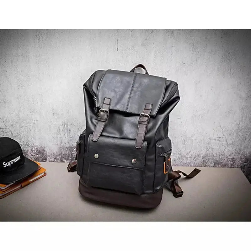 Sac à dos en cuir noir pour homme avec fermeture à boucle, style décontracté