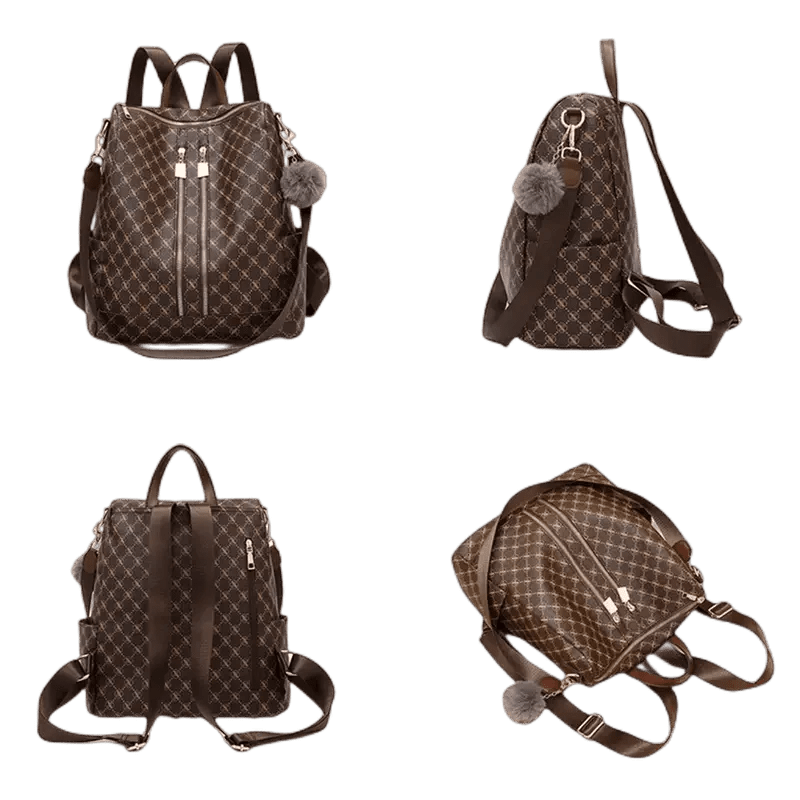 Sac à dos cuir PU femme tendance en faux cuir marron avec motif en diamant et pom-pom
