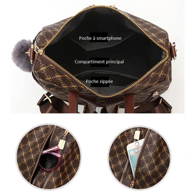 Sac à dos cuir PU femme tendance avec motif marron, compartiments multiples et pom-pom en fourrure
