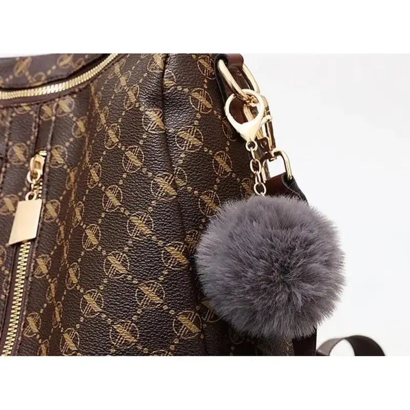 Sac à dos cuir PU femme tendance avec sac à main marron motif et charm pom-pom gris